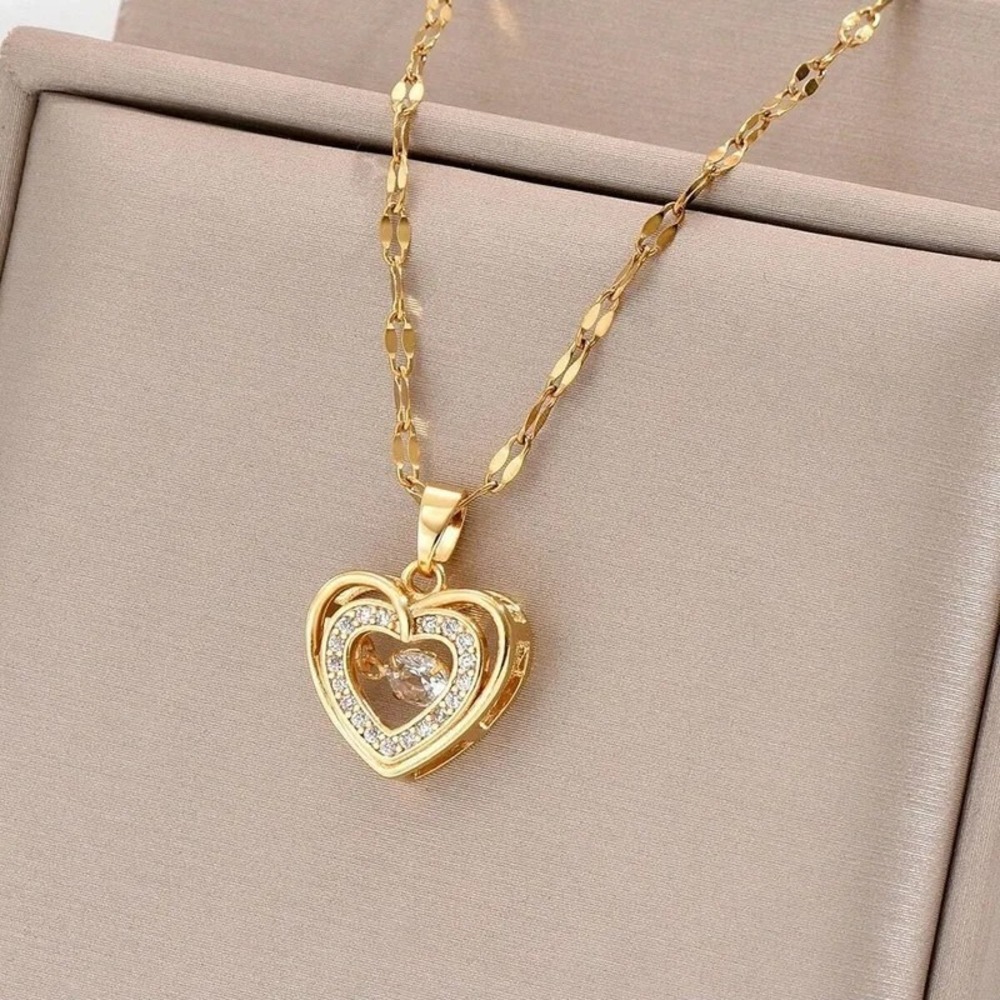 18K Gold Plated Heart Pendant Necklace 316L Stainless Steel Coffee Bean Chain - Picture 3 of 5